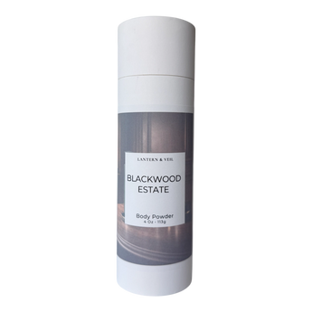 Body powder canister with 'Blackwood Estate' label on a white background