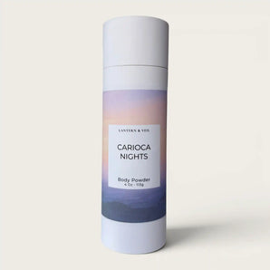 Body powder container with gradient label on a light background