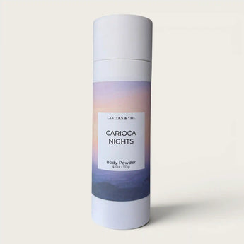 Body powder container with gradient label on a light background