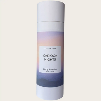 Body powder container with gradient design and 'Carioca Nights' label on a light background