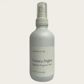 Fragrance mist bottle labeled 'Carioca Nights' by Lantern & Veil on a light gray background