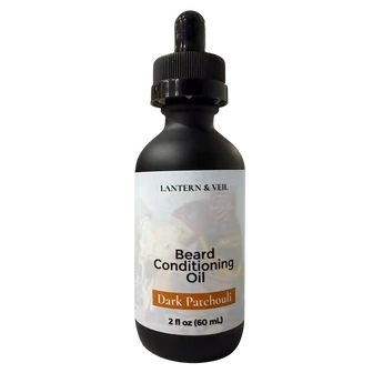 Bottle of Lantern & Veil Dark Patchouli Beard Conditioning Oil on a white background