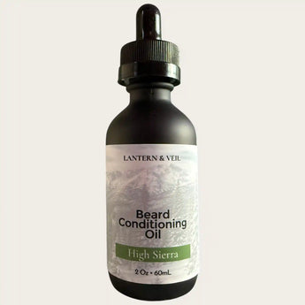 Bottle of Lantern & Veil Beard Conditioning Oil with a dropper on a light gray background