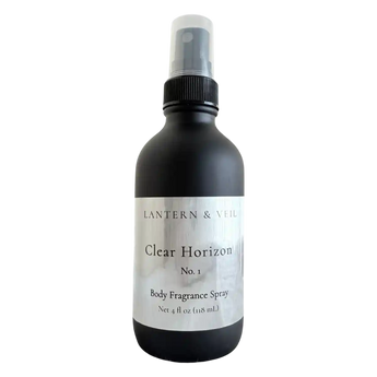Black body fragrance spray bottle labeled 'Clear Horizon' by Lantern & Veil on a white background