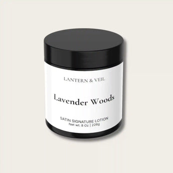 Lavender Woods handmade body lotion jar. Masculine scent lotion for men and anyone that like woody warm fragrance.