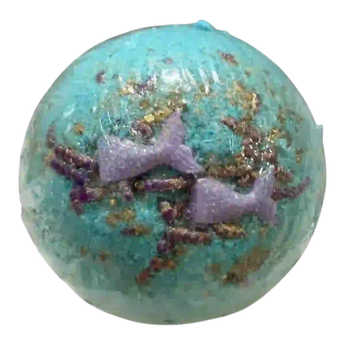 Bath bomb with purple mermaid figures and gold glitter on a white background