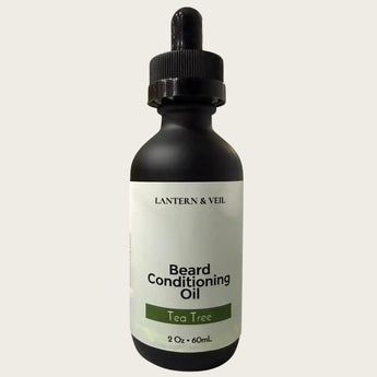 Bottle of Lantern & Veil Beard Conditioning Oil with a dropper on a white background