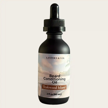 Bottle of Lantern & Veil Beard Conditioning Oil with a dropper on a light gray background