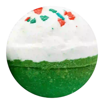 Bath bomb with white top and green bottom, decorated with red and green sprinkles.