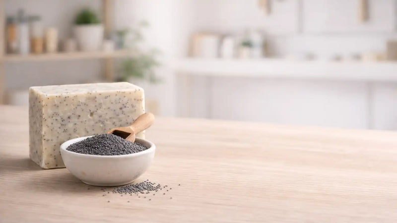 Handmade poppy seed soap bar on a light neutral worktable beside a small bowl of black poppy seeds and a wooden scoop, in bright natural light with a softly blurred modern workshop background.