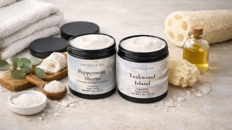 Lantern & Veil cleansing sugar scrubs with creamy exfoliating base and natural sugar crystals