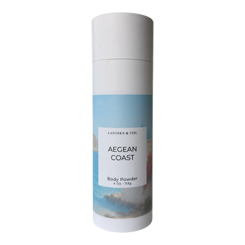 Body powder canister labeled 'Aegean Coast' by Lantern & Veil on a white background