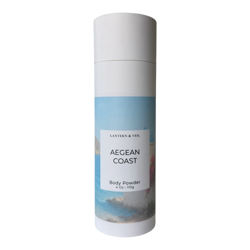 Body powder canister labeled 'Aegean Coast' by Lantern & Veil on a white background