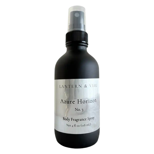Black body fragrance spray bottle labeled 'Azure Horizon No. 3' by Lantern & Veil on a white background.