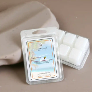 Packaged wax melts with a label on a neutral background