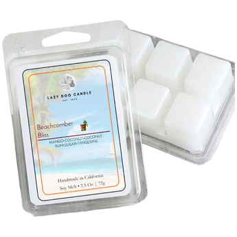 Packaged wax melts with a label on a white background