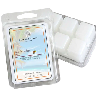 Packaged wax melts with a label on a white background
