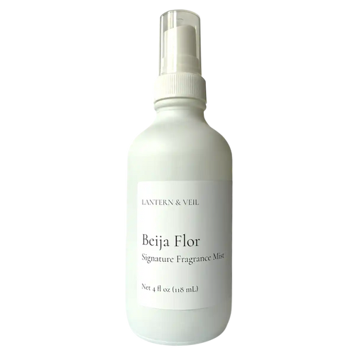 White bottle of Beija Flor Signature Fragrance Mist by Lantern & Veil on a white background