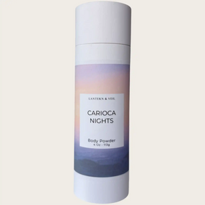 Body powder container with gradient design and 'Carioca Nights' label on a light background
