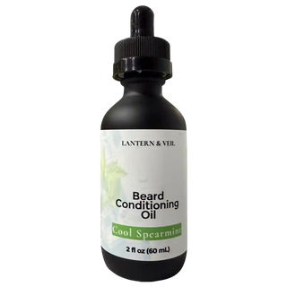 Black bottle of Lantern & Veil Beard Conditioning Oil with dropper on a white background