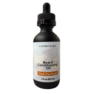 Bottle of Lantern & Veil Dark Patchouli Beard Conditioning Oil on a white background