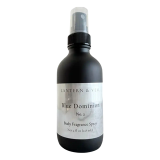 Black body fragrance spray bottle labeled 'Blue Dominion No. 2' by Lantern & Veil on a white background