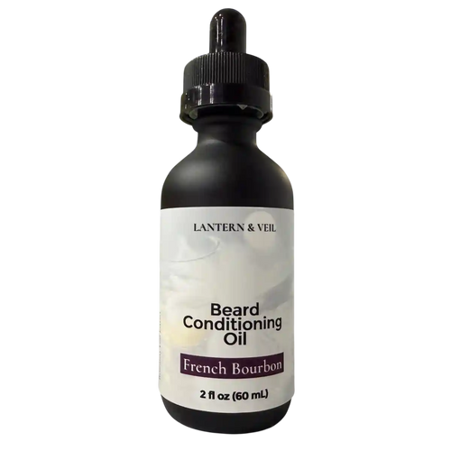 Bottle of Lantern & Veil Beard Conditioning Oil with a dropper on a white background