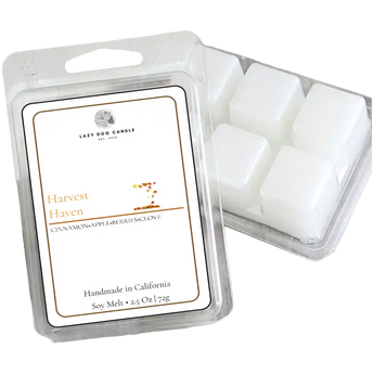 Packaged wax melts with a 'Harvest Haven' label on a white background