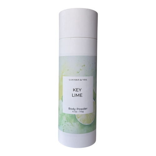Key lime body powder canister with green design on a white background