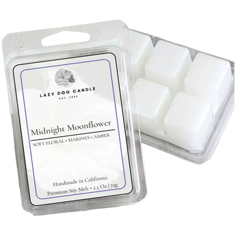 Midnight Moonflower soy wax melt clamshell packaging with six white wax melt cubes