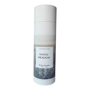 Body powder container labeled 'Mystic Meadow' by Lantern & Veil on a white background