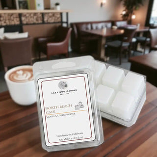 North Beach Café Soy Melt displayed in a cozy coffee shop setting, inspired by creamy coffee, buttery pastries, maple, and vanilla notes