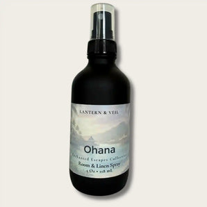 Black spray bottle labeled 'Ohana' by Lantern & Veil on a light gray background