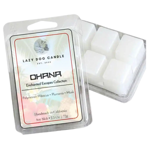 Ohana Polynesian wax melts with 'Lazy Dog Candle' label on a white background