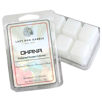 Ohana Polynesian wax melts with 'Lazy Dog Candle' label on a white background