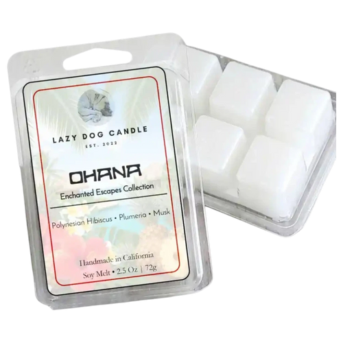 Ohana Polynesian wax melts with 'Lazy Dog Candle' label on a white background
