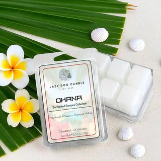 Packaged wax melts with a 'Lazy Dog Candle' label, surrounded by tropical flowers and leaves.