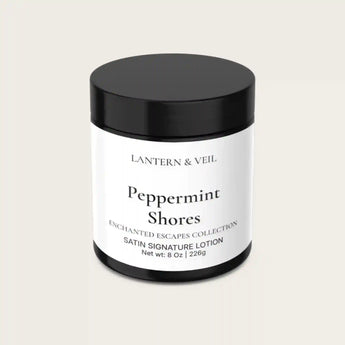 Lantern & Veil Peppermint Shores satin signature lotion jar on a light beige background