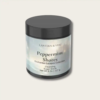 Jar of Lantern & Veil Peppermint Shores Cleansing Sugar Scrub on a light gray background