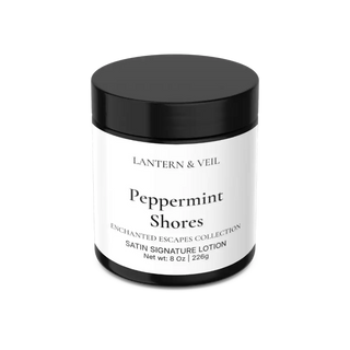 Lotion jar labeled 'Peppermint Shores' by Lantern & Veil on a white background