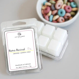 Packaged wax melts with a Retro Revival label on a light surface, colorful cereal in the background