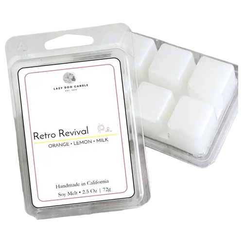 Packaged wax melts with a Retro Revival label on a white background