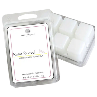 Packaged wax melts with a Retro Revival label on a white background