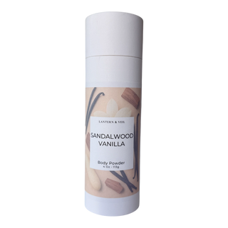 Sandalwood Vanilla body powder canister with vanilla beans and sandalwood on label