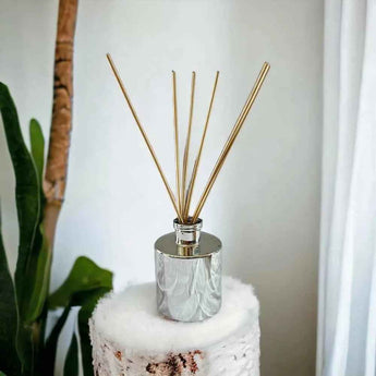 Reed diffuser with rattan reeds in a silver bottle on a white surface with a plant in the background