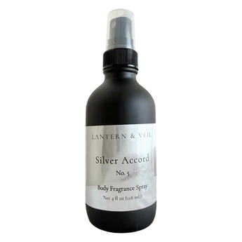 Black body fragrance spray bottle labeled 'Silver Accord' by Lantern & Veil on a white background