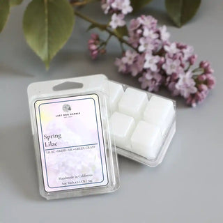 Spring Lilac soy wax melt displayed with fresh lilac blossoms and green leaves on a neutral gray background