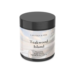 Jar of 'Teakwood Island' cleansing sugar scrub by Lantern & Veil on a white background