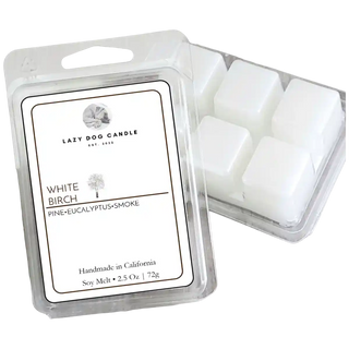 White wax melts in a clear packaging with a label for Lazy Dog Candle on a white background.