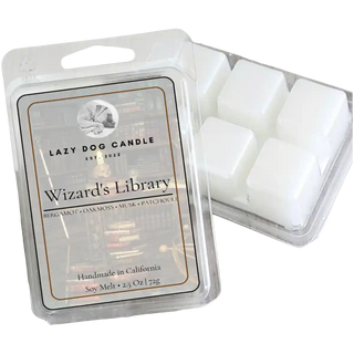 Wizard’s Library soy wax melt clamshell with white wax cubes, transparent background